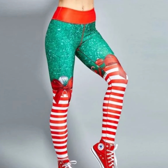 High-waist Candy Stripe Christmas Workout Leggings - Picture 2 of 7